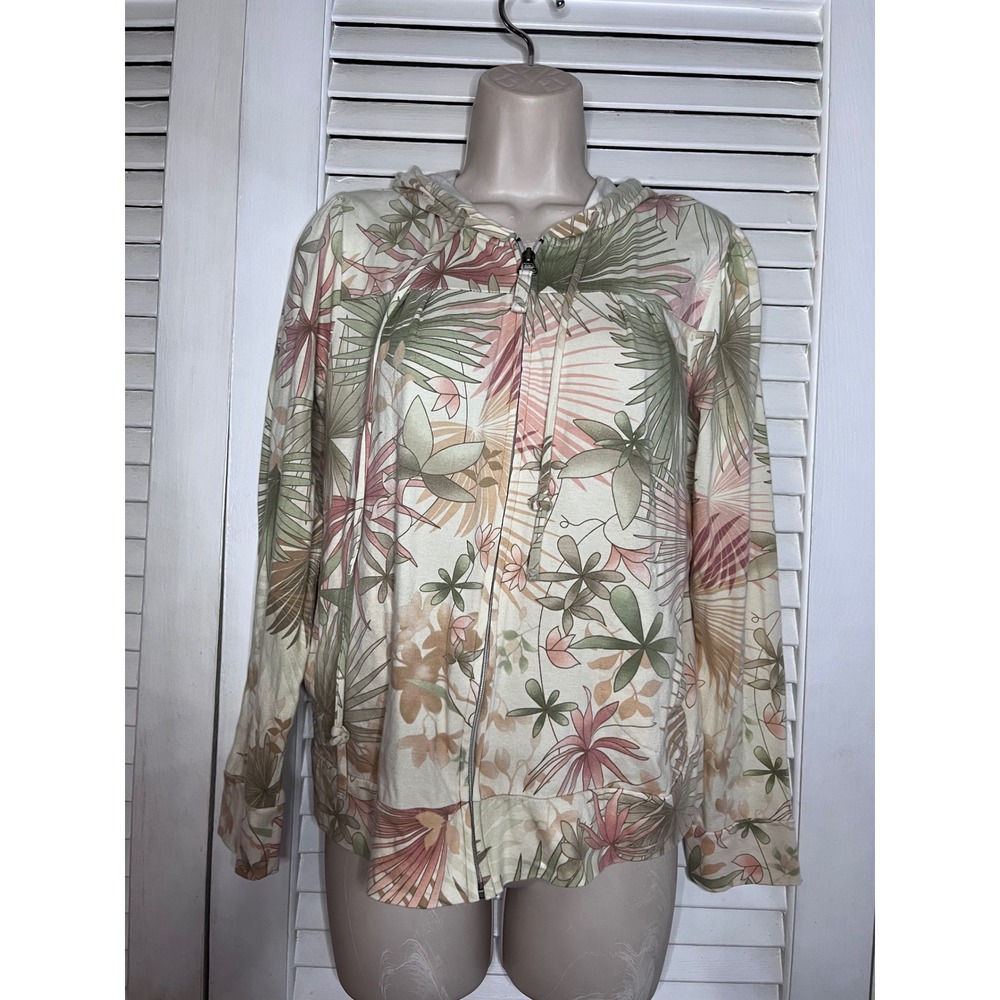 Caribbean Joe Womens Petite Medium Tropical Palm Print Zip Up Hoodie Jacket PM